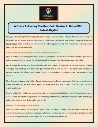 A Guide To Finding The Best Gold Dealers In Dubai With Rakesh Rajdev