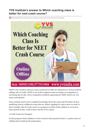 Which Coaching Class is Better for NEET Crash Course