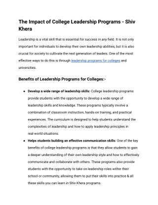 The Impact of College Leadership Programs- Shiv Khera