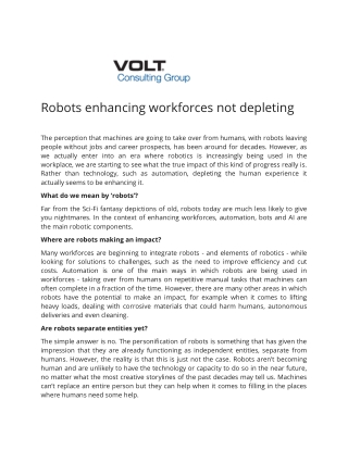 Robots Enhancing Workforces Not Depleting - Volt Consulting Group