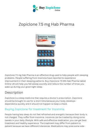 Buy Zopiclone 7.5 MG Hab Pharma tablet Online UK | Zopiclone 7.5 mg Hab Pharma t