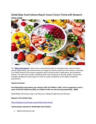 Global Baby Food Industry Report Covers Future Trends with Research 2022-2028