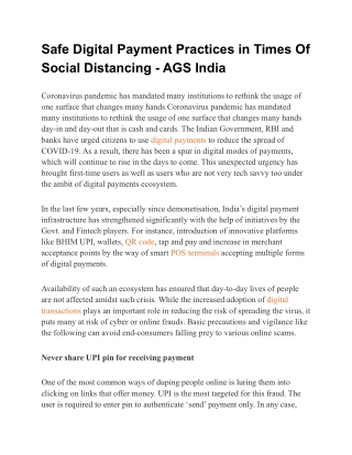 Safe Digital Payment Practices in Times Of Social Distancing - AGS India