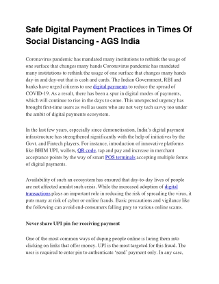 Safe Digital Payment Practices in Times Of Social Distancing - AGS India