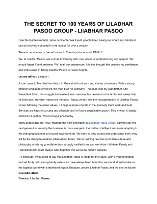 THE SECRET TO 100 YEARS OF LILADHAR PASOO GROUP - LIlABHAR PASOO