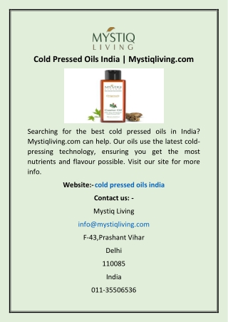 Cold Pressed Oils India | Mystiqliving.com