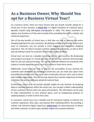 As a Business Owner, Why Should You opt for a Business Virtual Tour