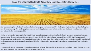 Know The Influential Factors Of Agricultural Loan Rates Before Having One
