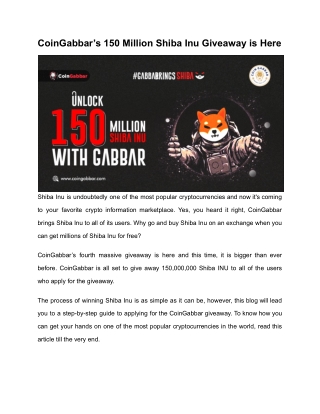 CoinGabbar’s 150 Million Shiba Inu Giveaway is Here