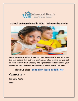 School on Lease in Delhi NCR  Winworldrealty in