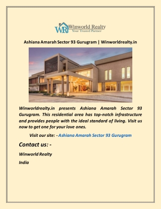 Ashiana Amarah Sector 93 Gurugram Winworldrealty in