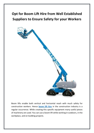 Opt for Boom Lift Hire from Well Established Suppliers to Ensure Safety for your Workers