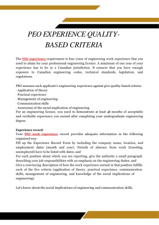 PEO Experience Quality-Based Criteria