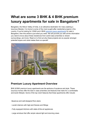 What are some 3 BHK & 4 BHK premium luxury apartments for sale in Bangalore?