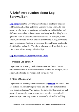 A Brief Introduction about Lag Screws Bolt