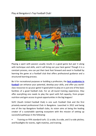 Play at Bengaluru Top Football Club