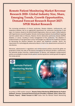 Remote Patient Monitoring Market Revenue Research 2020-2027
