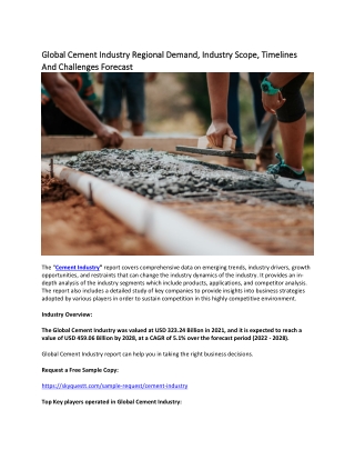 Global Cement Industry Regional Demand, Industry Scope, Timelines And Challenges