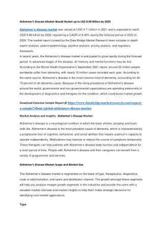 Alzheimer’s Disease Market Would Rocket up to US 8.98 Billion by 2029