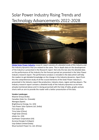 Solar Power Industry Rising Trends and Technology Advancements 2022