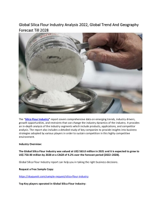 Global Silica Flour Industry Analysis 2022, Global Trend And Geography Forecast