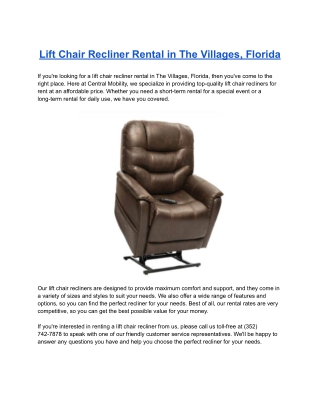 Lift Chair Recliner Rental in The Villages, Florida