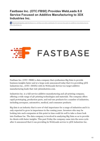 Fastbase Inc. (OTC:FBSE) Provides WebLeads 8.0 Service Focused on Additive