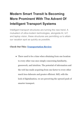 Modern Smart Transit Is Becoming More Prominent With The Advent Of Intelligent Transport Systems