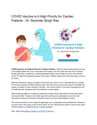 COVID Vaccine is A High Priority for Cardiac Patients - Dr. Ravinder Singh Rao