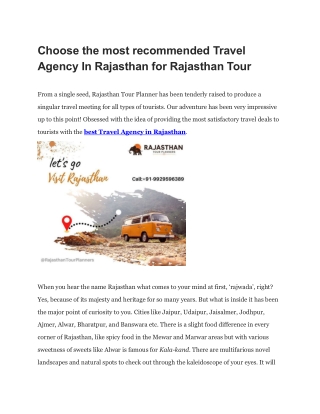 Choose the most recommended Travel Agency In Rajasthan for Rajasthan Tour