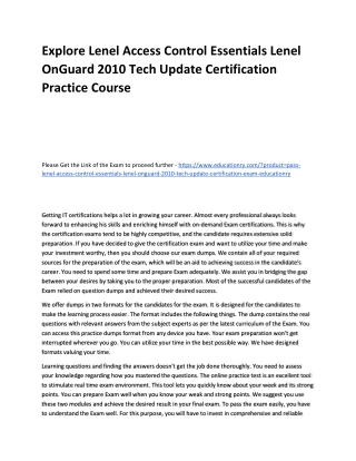 Lenel Access Control Essentials Lenel OnGuard 2010 Tech Update Certification