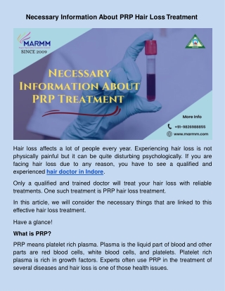 Necessary Information About PRP Hair Loss Treatment