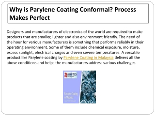 Why is Parylene Coating Conformal Process Makes Perfect