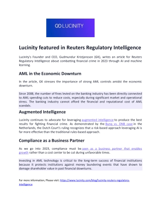 Lucinity featured in Reuters Regulatory Intelligence