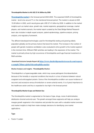Thrombophilia Market to Hit US 27.41 Billion by 2030