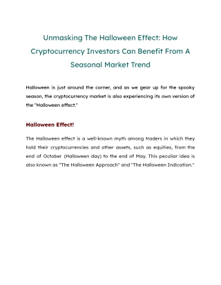 Unmasking The Halloween Effect: How Cryptocurrency Investors Can Benefit From A