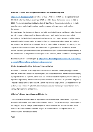 Alzheimer’s Disease Market Augmented to Reach US 8.98 Billion by 2029
