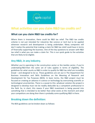 What activities can you claim R&D tax credits on? - SPRK Capital