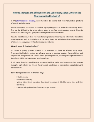 How to Increase the Efficiency of the Laboratory Spray Dryer in the Pharmaceutical Industry