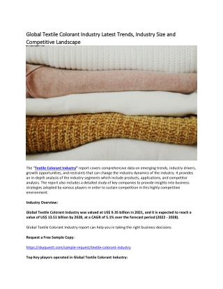 Global Textile Colorant IndustryGlobal Textile Colorant Industry Latest Trends.