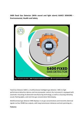 S400 fixed Gas Detector (With sound and light alarm) GAXCE SENSORS - Environmental, Health and Safety