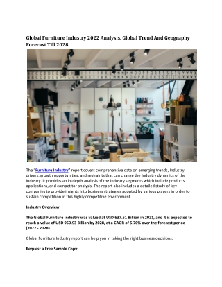 Global Furniture Industry 2022 Analysis, Global Trend And Geography Forecast.