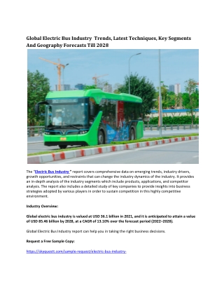 Global Electric Bus Industry  Trends, Latest Techniques, Key Segments.