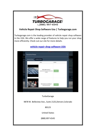 Vehicle Repair Shop Software Usa  Turbogarage.com