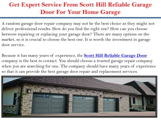 Get Expert Service From Scott Hill Reliable Garage Door For Your Home Garage