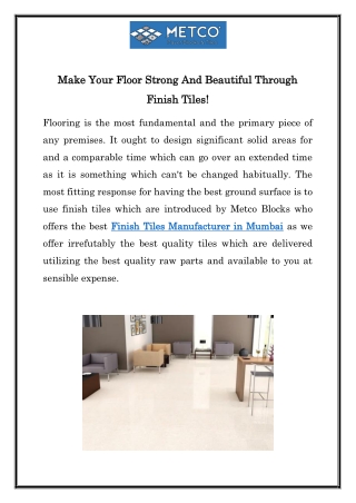 Finish Tiles Manufacturer in Mumbai | Call  91- 8484930580 | Metco Block