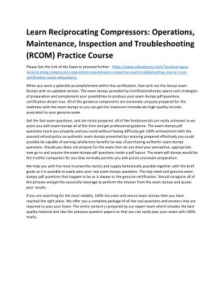 Reciprocating Compressors: Operations, Maintenance, Inspection