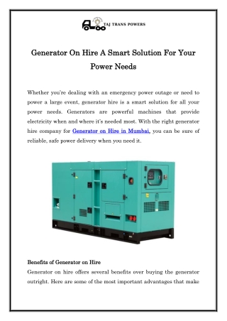 Generator on Hire in Mumbai | Call  91- 9870276640 | ‪Taj Trans Powers