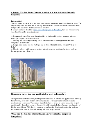 4 Reasons Why You Should Consider Investing In A New Residential Project In Bangalore