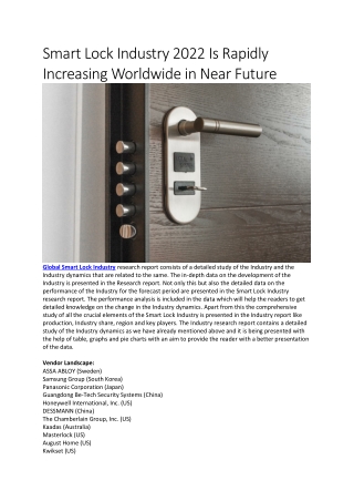 Smart Lock Industry 2022 Is Rapidly Increasing Worldwide in Near Future